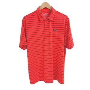 Under Armour Mens Playoff Polo Shirt Red Navy Blue Striped Short Sleeve Large